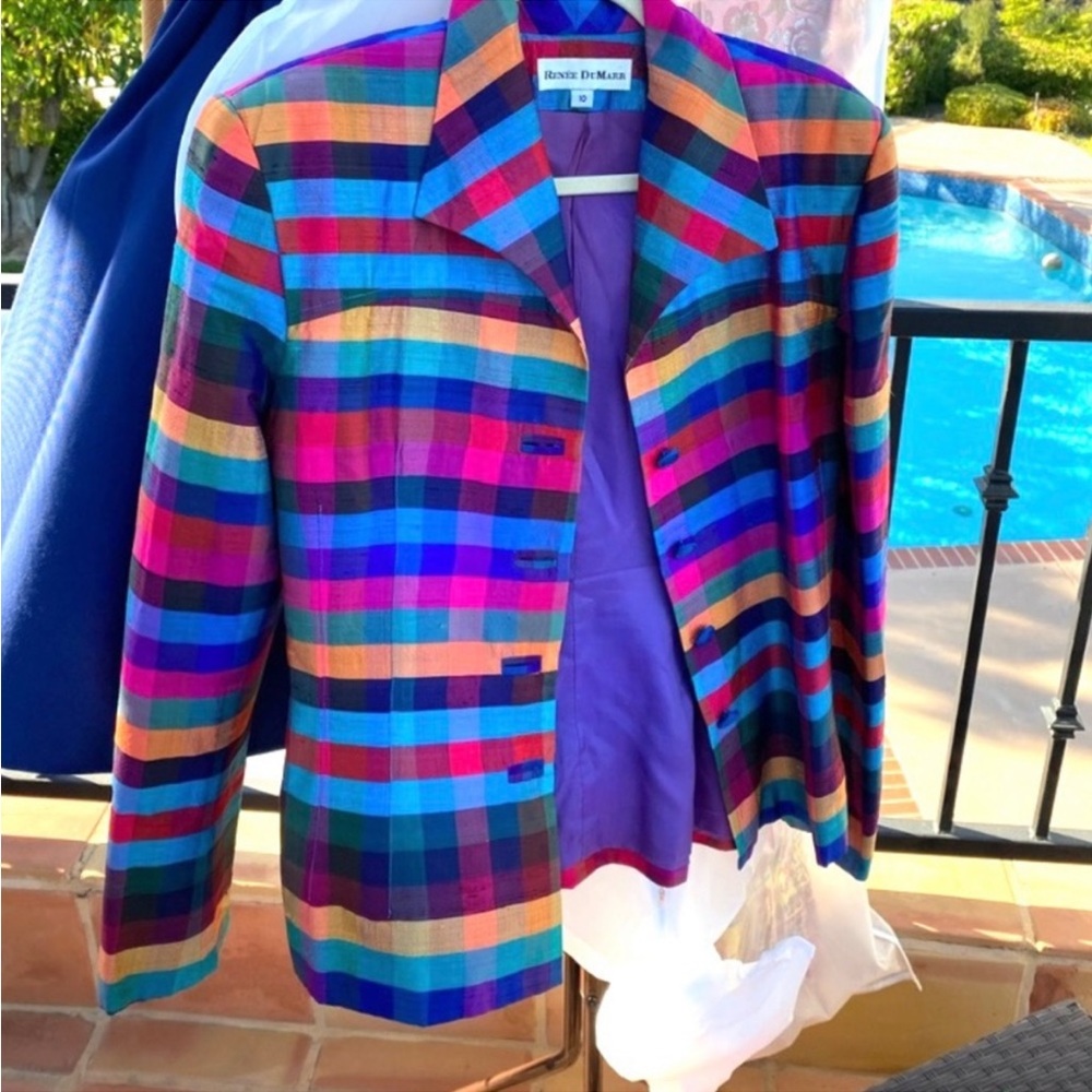 Raw Silk check stripe plaid pleated blazer jacket vintage